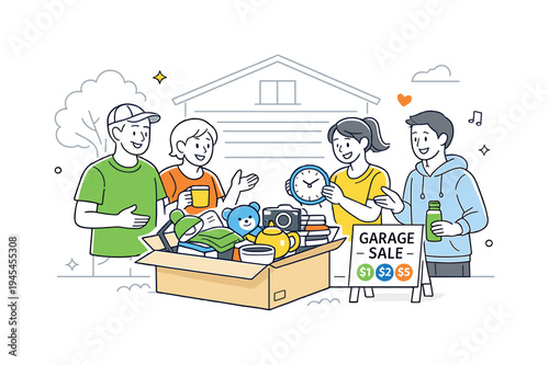 A small group of neighbors organizing a local garage sale in front of a suburban home, gathered around a large box of household items and a simple price tag sign that symbolize reuse