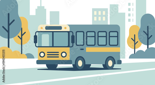 Cute vector illustration of a city bus driving on urban road with autumn trees and buildings