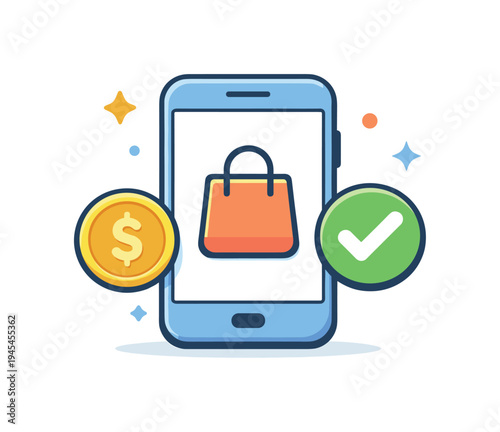 Smart mobile commerce and convenient digital shopping experiences for modern consumers using everyday smartphone technology, a smartphone displaying a simple shopping bag icon paired with a