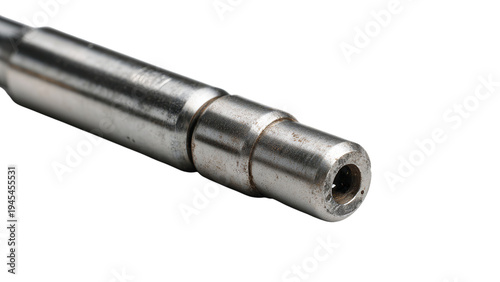 Close-up of a metallic mechanical part, showcasing intricate details and a slightly weathered finish on a transparent background.
