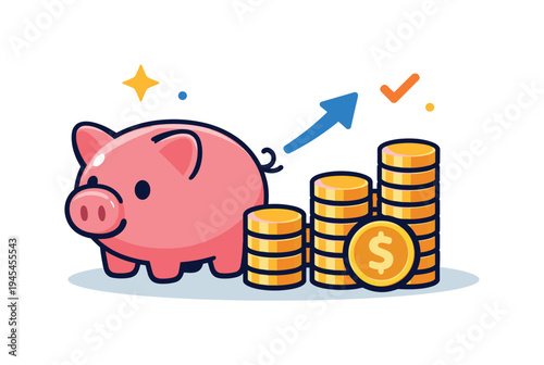 Personal savings habits and responsible financial planning for long term stability and security, a simple piggy bank placed beside a small coin stack representing growing savings and mindful