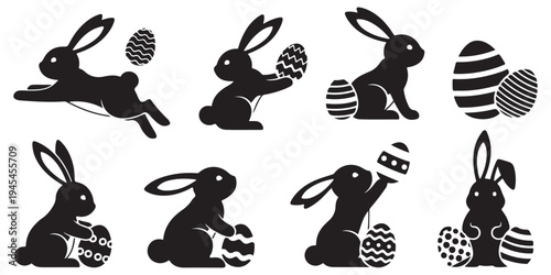 Set of Easter Bunny silhouettes with decorated eggs. Collection of cute rabbits in different poses, jumping and holding patterned eggs. Minimalist black vector illustrations isolated on white