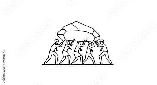 Business team collaborating to carry a heavy rock in a minimalist style