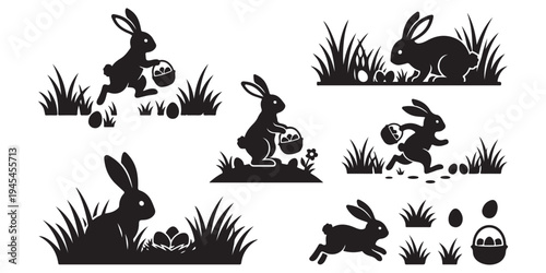 Set of Easter Bunny silhouettes in grass with eggs and baskets. Collection of cute rabbits in outdoor nature scenes, jumping and sitting. Minimalist black vector illustrations isolated on white bg