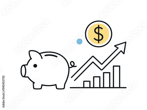 Personal financial growth and disciplined savings strategy for individuals planning long term stability and future security, a simple piggy bank beside a rising arrow and a coin symbolizing
