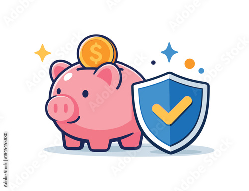 Personal financial security and responsible saving habits helping individuals build confidence and long term economic stability, a piggy bank beside a small shield symbol representing
