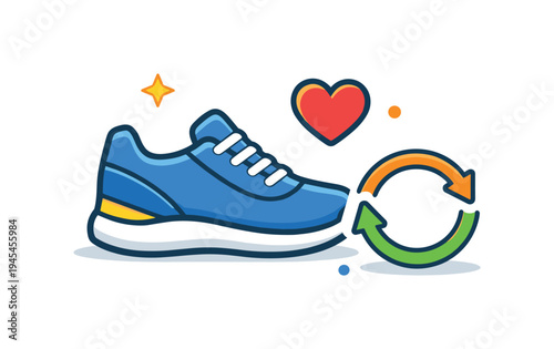 Healthy daily movement and simple exercise routine supporting physical wellbeing and sustained energy throughout the day, a sneaker beside a small heart and circular arrow representing
