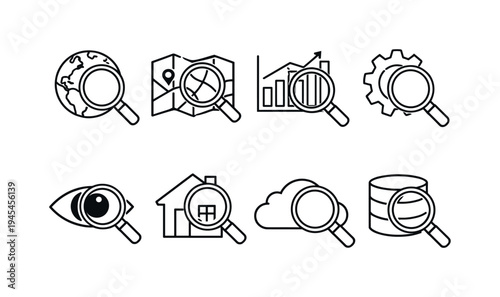 Information search tools: magnifying glass over globe, magnifying glass over map, magnifying glass over chart, magnifying glass over gear, magnifying glass over eye, magnifying glass over