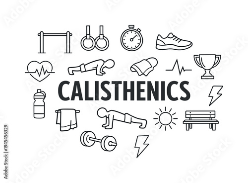 Urban street workout and calisthenics fitness lifestyle where athletes train outdoors using bodyweight exercises and simple equipment in public parks. CALISTHENICS central title surrounded