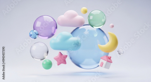 Whimsical Dreamscape A Celestial Collection of Clouds, Stars, Planets, and Houses