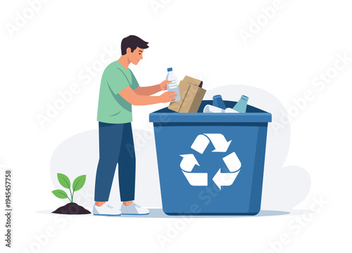 A modern environmental action where a person contributes to a cleaner planet through responsible recycling habits in everyday life, representing sustainability and ecological responsibility