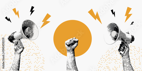 Protest imagery raised fist and megaphones with lightning bolts
