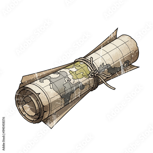 Rolled old map tied with rope, vintage style, cartography