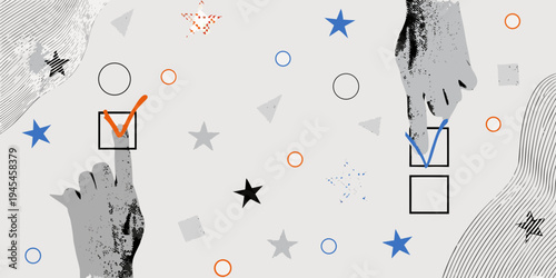 Hands interacting with checkboxes and abstract geometric shapes