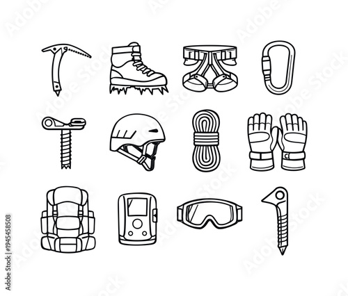 Ice climbing expedition gear: ice axe, crampon spiked boot, climbing harness, carabiner clip, ice screw anchor, climbing helmet, rope coil, insulated climbing gloves, mountaineering backpack