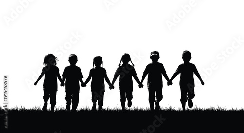 Silhouette of six diverse young children holding hands together while running happily across a grassy field against a bright white background symbolizing unity and friendship.