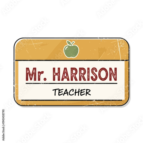 Vintage Teacher Name Tag Badge with Apple Icon