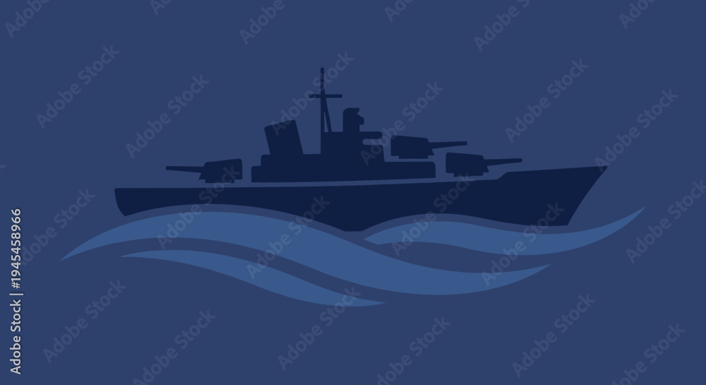Naklejka premium Dark blue silhouette of a massive military battleship sailing on stylized ocean waves with heavy artillery cannons prepared for naval combat and maritime defense.