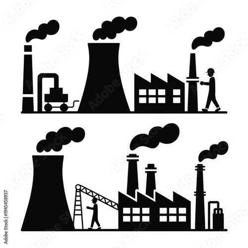 A black and white illustration of industrial factories and smokestacks