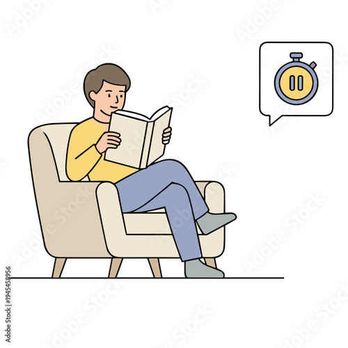 A man sits in an armchair reading a book with a clock in a speech bubble.
