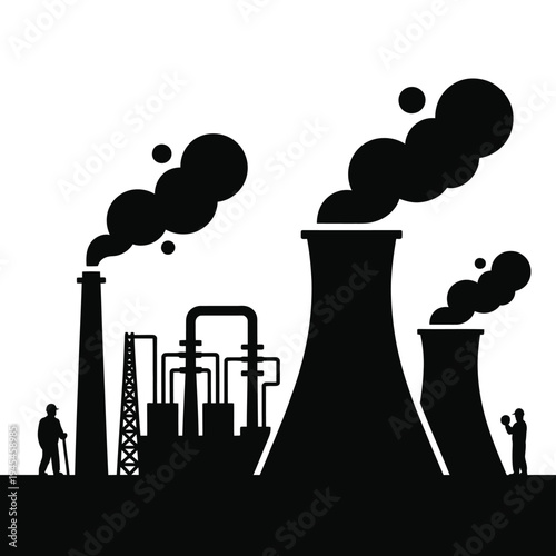 A black silhouette of an industrial factory with smokestacks