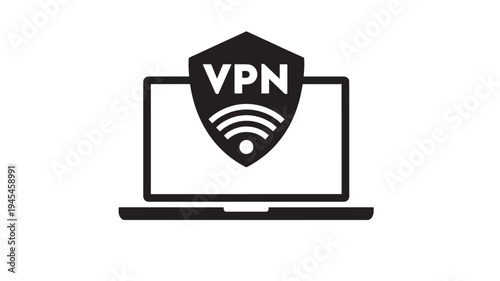 Laptop icon with VPN shield and Wi Fi symbol for digital security and network privacy. featuring computer, internet, online with protection and data