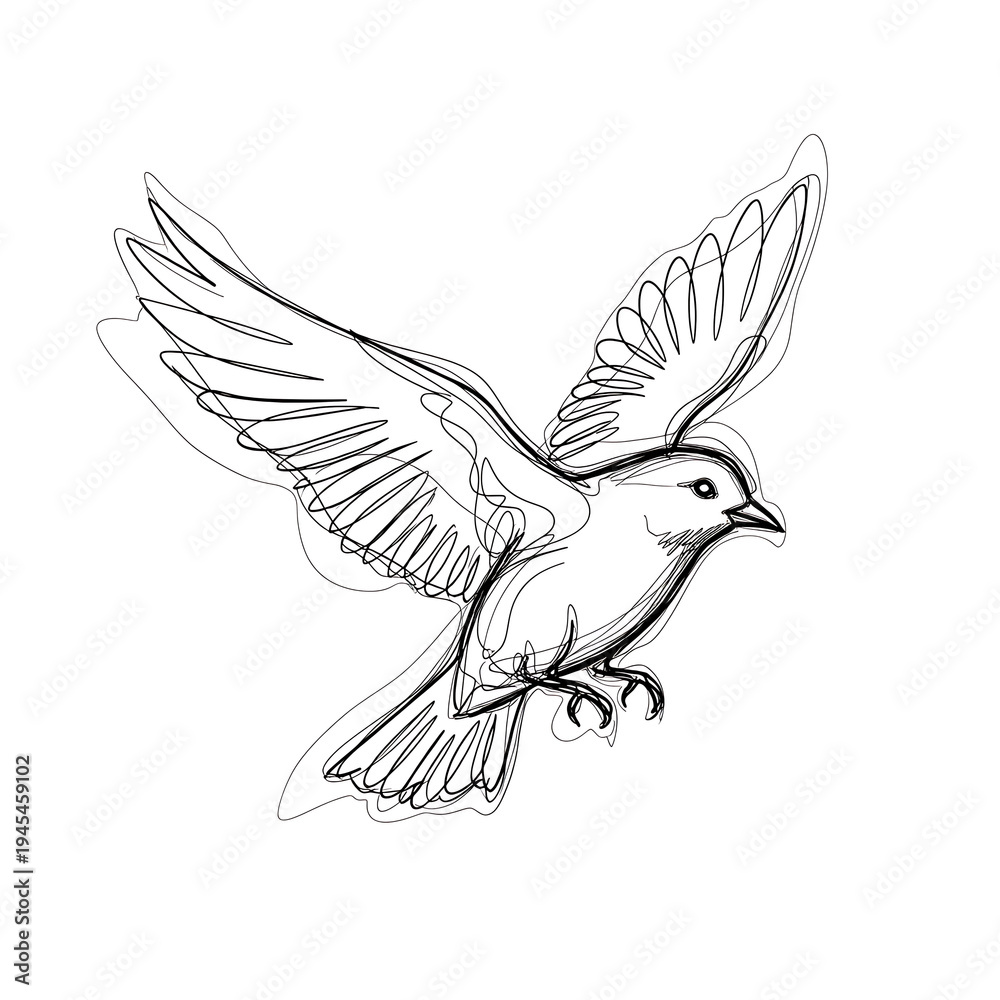 Obraz premium Flying bird illustration in black and white line art