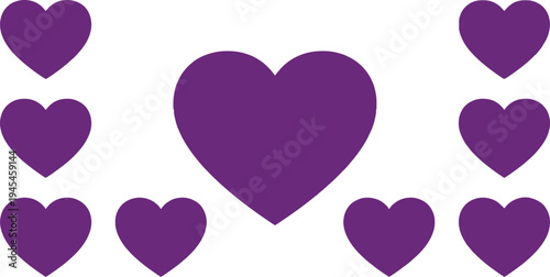 Collection of solid dark purple heart shapes featuring one large central heart surrounded by smaller hearts for romantic Valentine's Day love and passion concepts.