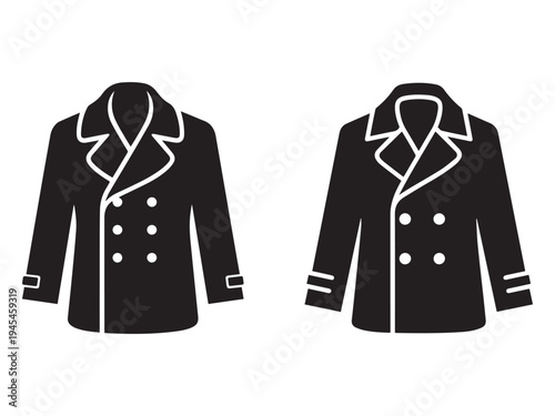 Two black coats with white outlines and buttons on white background  coat icons