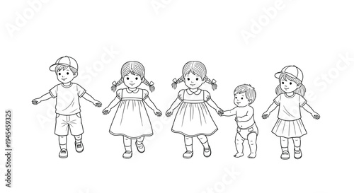A delightful illustration showcasing a diverse group of five children, including both boys and girls of varying ages, joyfully holding hands in a straight line, representing themes of childhood, frien