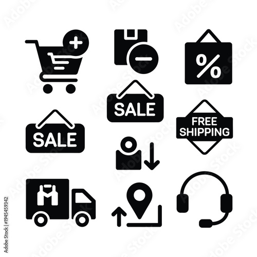 A collection of black icons representing online shopping and sales