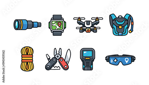 Futuristic personal exploration gear: compact telescope, wearable GPS, foldable drone, hydration pack, climbing rope, multi-tool knife, portable scanner, AR navigation glasses