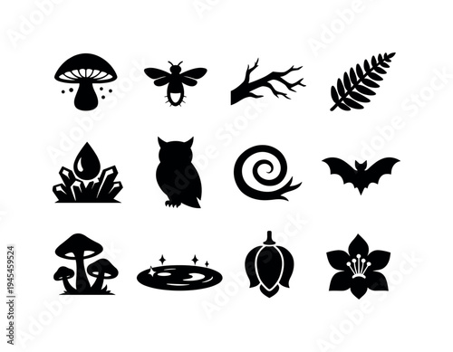 Bioluminescent forest: glowing mushroom, firefly, twisted tree branch, fern leaf, crystalized dew drop, owl silhouette, vine coil, bat in flight, mushroom cluster, sparkling water puddle