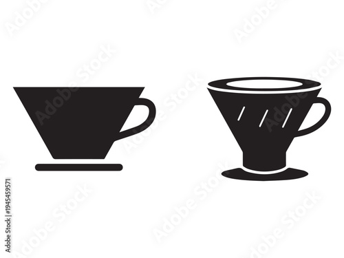 Two black coffee cups with handles side by side on white background  coffee cups with and without saucer