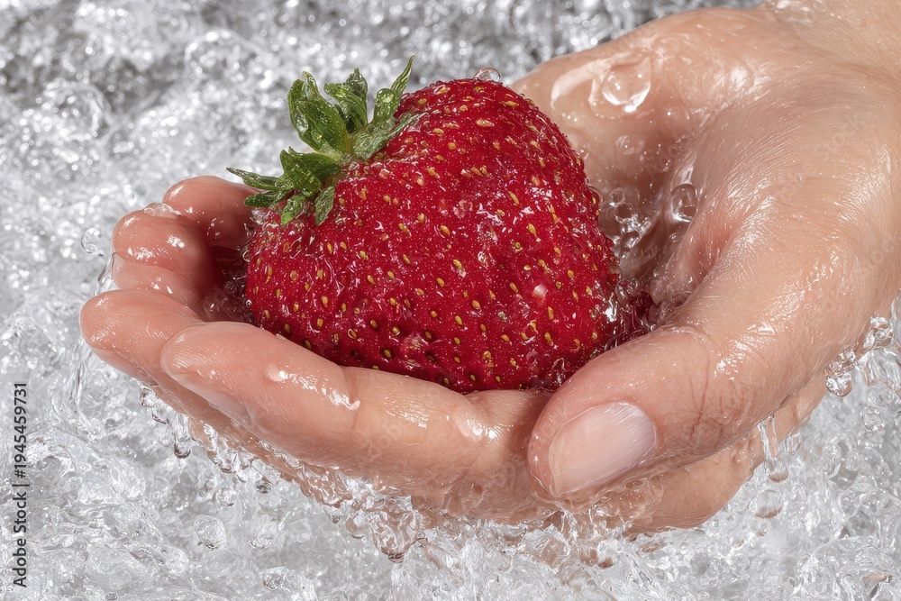 Fototapeta premium Fresh strawberry held in hand under clear running water, showcasing its vibrant red color and natural texture, creating a refreshing and clean image.