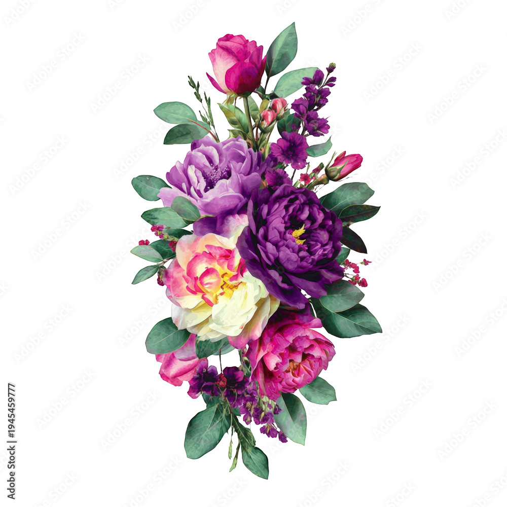Obraz premium Vibrant floral bouquet with purple, pink, and white flowers isolated PNG with Transparent Background