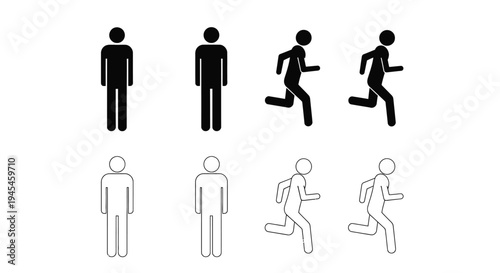 A collection of simple graphic stick figures depicts various human poses and movements including standing upright and actively running across a clean white background in both solid black and line art 