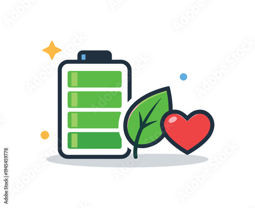 Personal energy management supporting sustainable productivity and balanced lifestyle through mindful daily habits and recovery moments, a simple battery icon beside a small leaf and heart