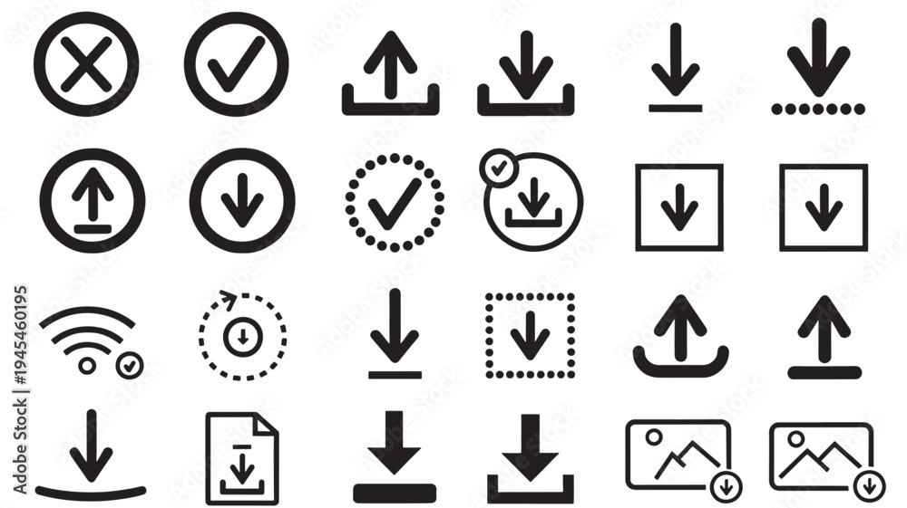 Fototapeta premium Upload and download icons with various styles including circles, squares, and dotted outlines for different actions.