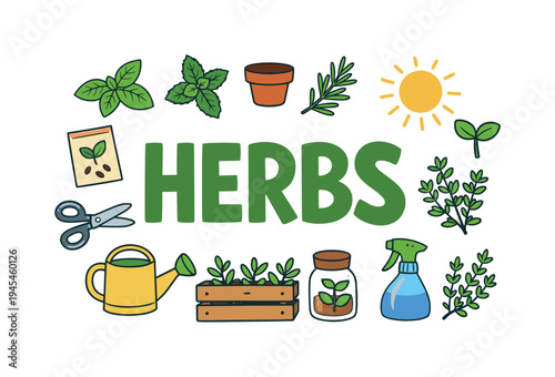 Home gardening and balcony lifestyle concept centered on growing fresh herbs and small edible plants in pots during warm seasons as part of healthy sustainable living. HERBS title surrounded