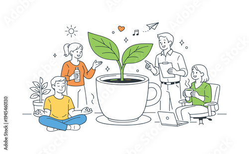A small group of coworkers encouraging healthy workplace habits and mindful breaks during a calm moment in the office, gathered around a large leaf growing from a coffee cup that symbolizes