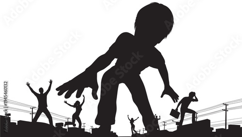 Giant person silhouette looming over tiny people in a cityscape with power lines and buildings, emphasizing disparity and scale.