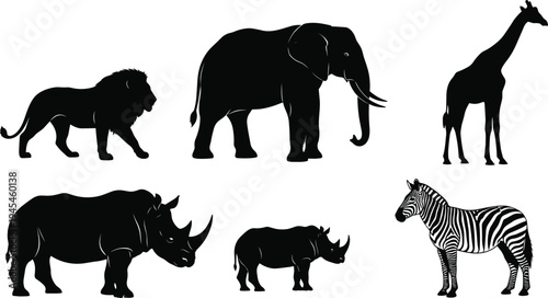 Black African animal silhouette illustration set, lion vector artwork, elephant design sketch, giraffe motif drawing, zebra icon, rhinoceros decorative wildlife pattern