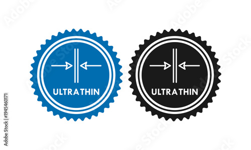 ltra thin vector icon in circle badge style with arrows pointing to a slim line. Professional minimalist design for product packaging, technology, and manufacturing labels.