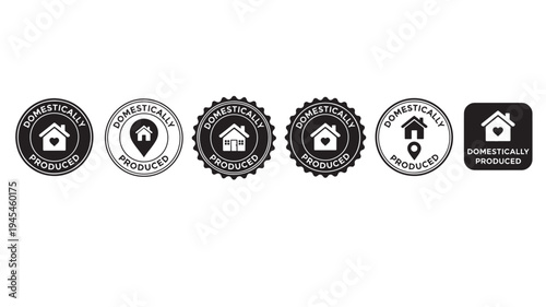 Domestic production icons with a house and heart graphic within varied circular and rounded square badges.