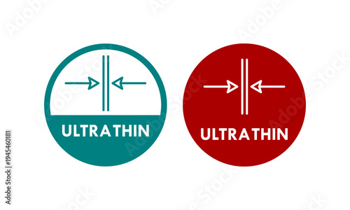 ltra thin vector icon in circle badge style with arrows pointing to a slim line. Professional minimalist design for product packaging, technology, and manufacturing labels.