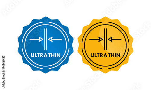 ltra thin vector icon in circle badge style with arrows pointing to a slim line. Professional minimalist design for product packaging, technology, and manufacturing labels.