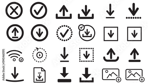 Upload and download icons with various styles including circles, squares, and dotted outlines for different actions.