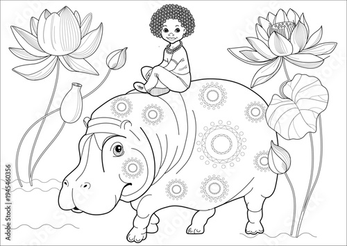 Art therapy coloring pages. Animals and flowers of Africa. Cute hippopotamus and child. A calming and educational journey around the world with a collection of coloring pages.