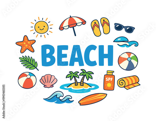 Summer beach vacation lifestyle concept highlighting relaxing seaside activities and warm coastal travel experiences during sunny holiday months. BEACH title surrounded by flat doodle icons